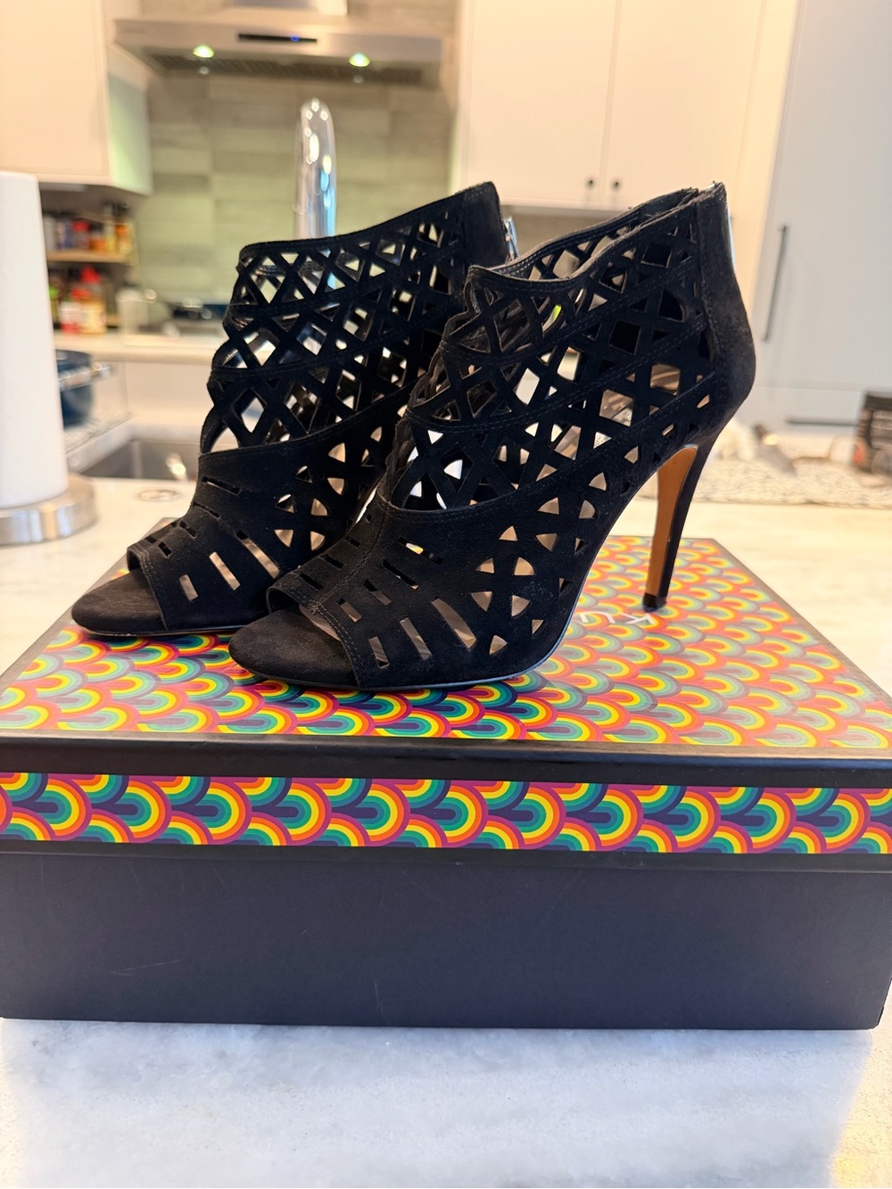 INC Black Laser-Cut Peep Toe Stiletto Booties
